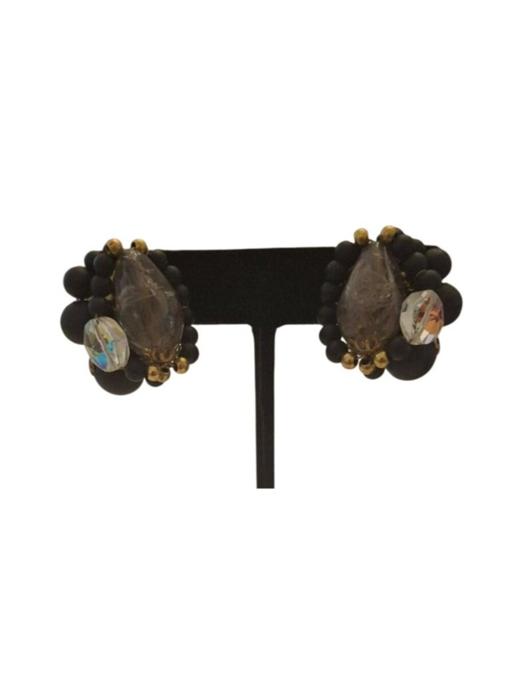 Vintage Black Beaded Clip On Earrings AB Crystal Smoky Glass Cluster Retro Glam